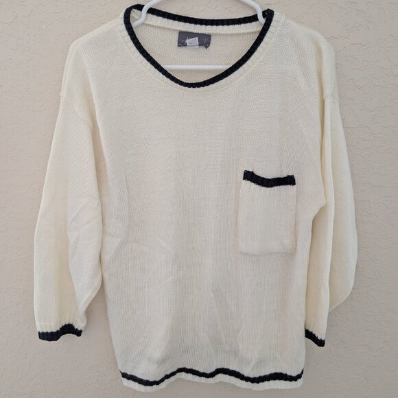 Vintage Alison J White Sweater Black Trim Pocket Made in USA - Picture 2 of 4